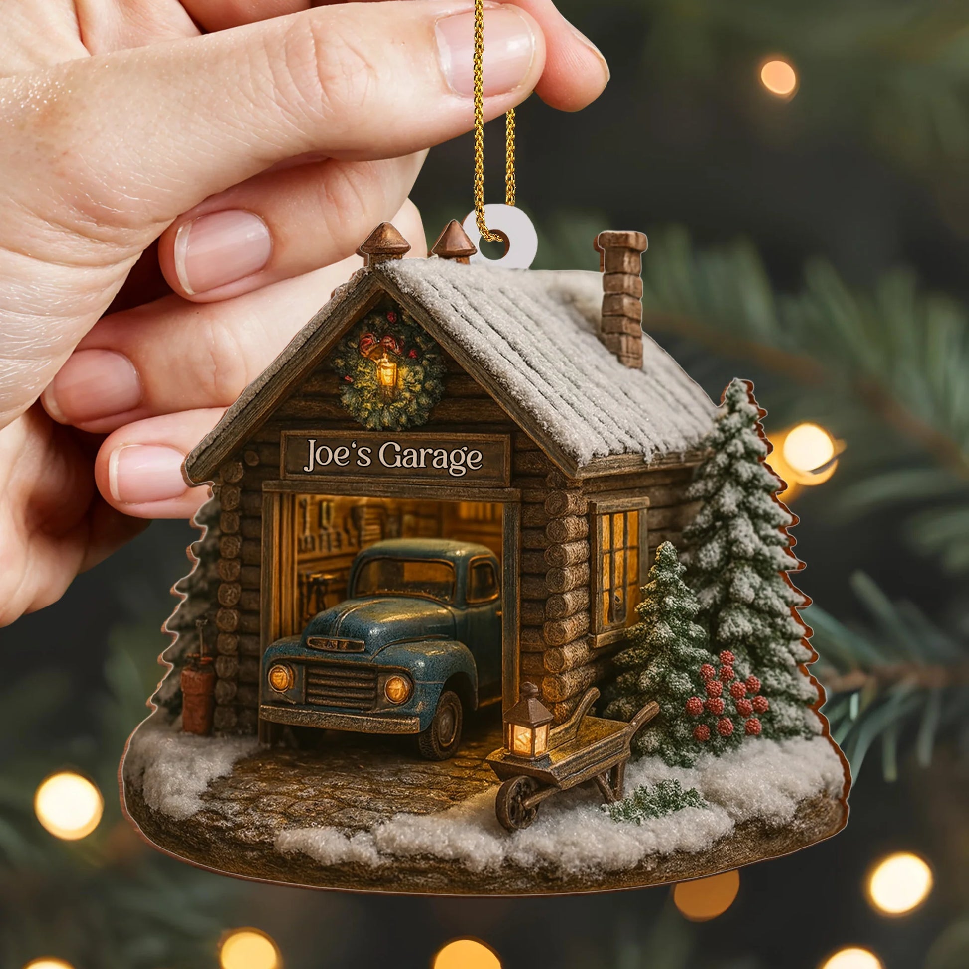 Welcome To Joe's Garage With Vintage Truck And Christmas Trees