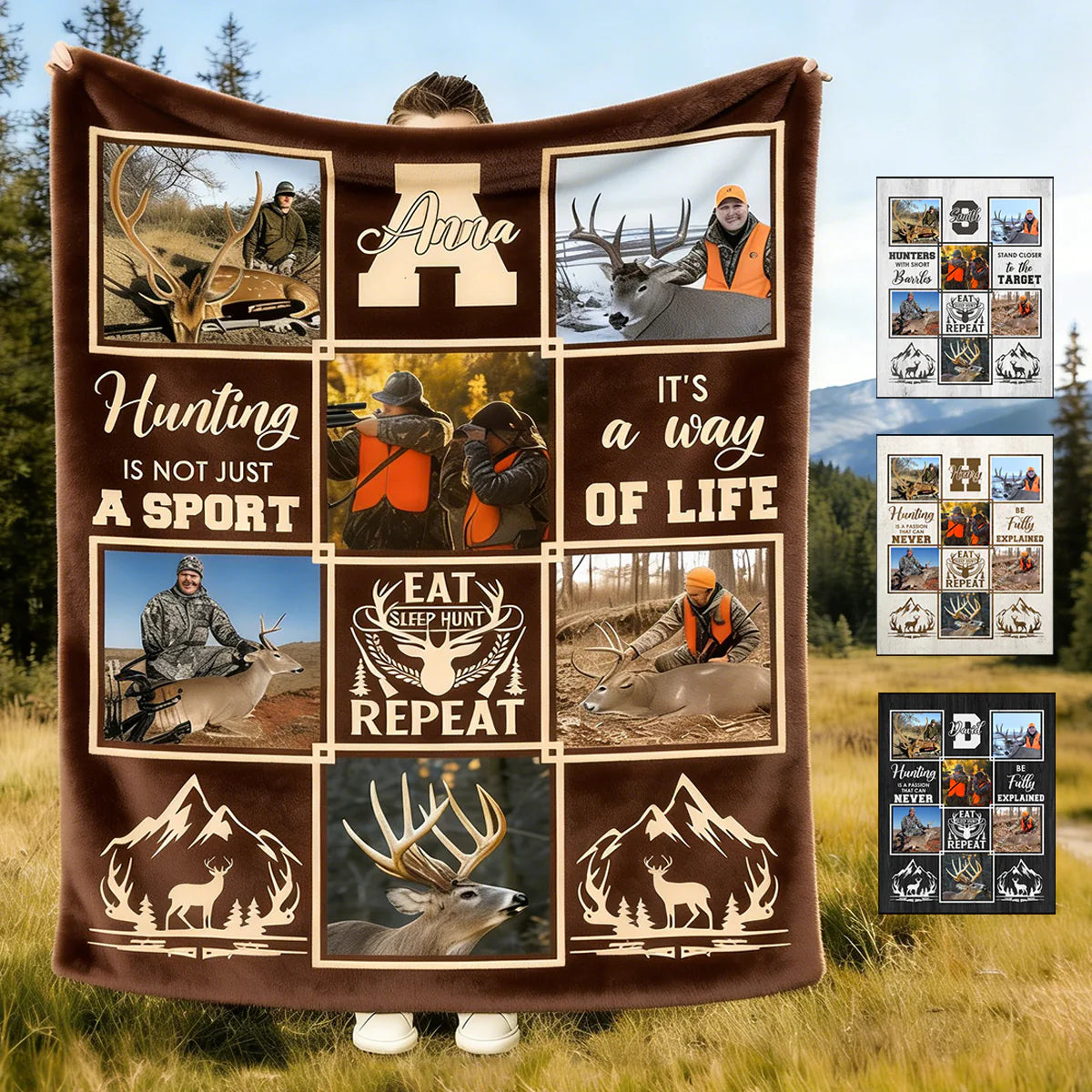 Personalized deer hunting blanket with custom photo collage print - unique hunting gift for dad or husband