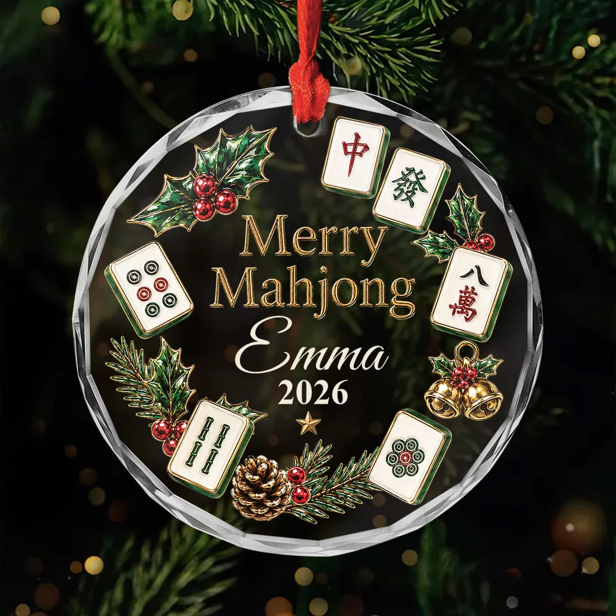 Merry Mahjong Personalized Glass Ornament - Custom Holiday Keepsake Gift for Mahjong Lovers