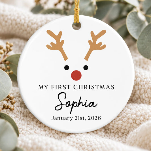My First Christmas Reindeer Personalized Ceramic Ornament - Custom Holiday Keepsake Gift for Baby