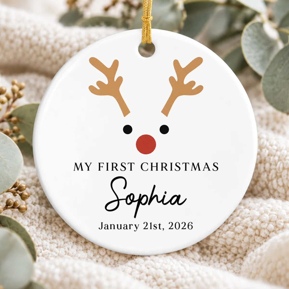 My First Christmas Reindeer Personalized Ceramic Ornament - Custom Holiday Keepsake Gift for Baby