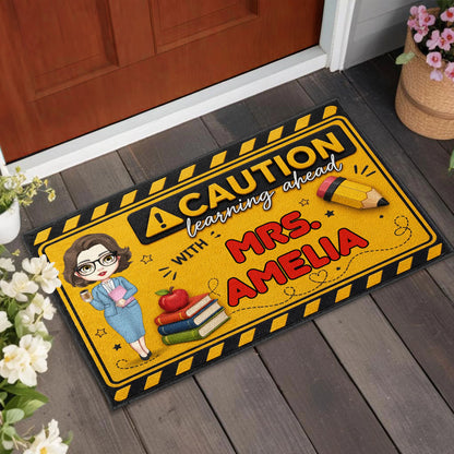 Personalized teacher doormat featuring Caution Learning Ahead text with customized teacher name for classroom decor image 7
