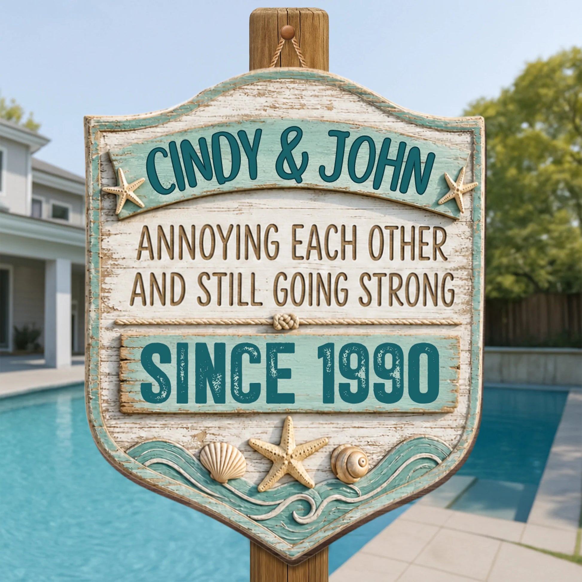 Personalized couple anniversary wood sign with starfish design for custom husband and wife gift