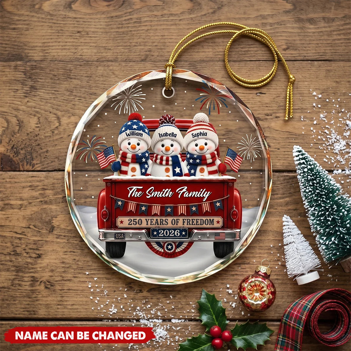 250 Years of Freedom Personalized Circle Glass Ornament - Patriotic Christmas Gift for Family