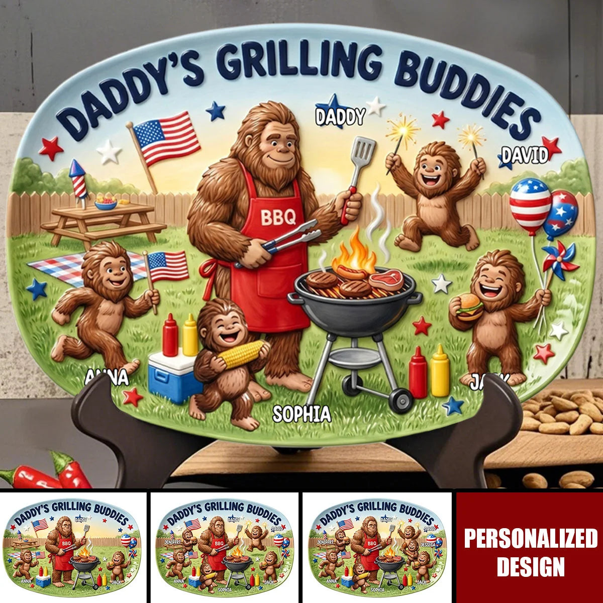 "Daddy's Grilling Buddies" Personalized Grill Platter - Custom Bigfoot BBQ Serving Plate