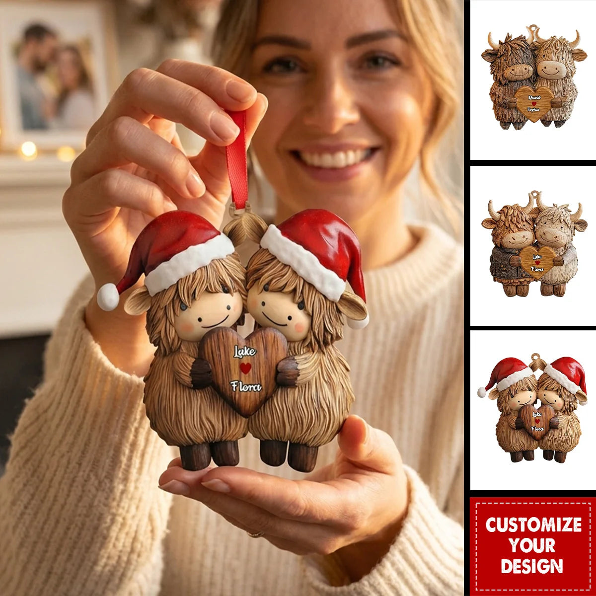Personalized Highland Cow Couple Wooden Ornament - Custom Anniversary Christmas Keepsake Gift