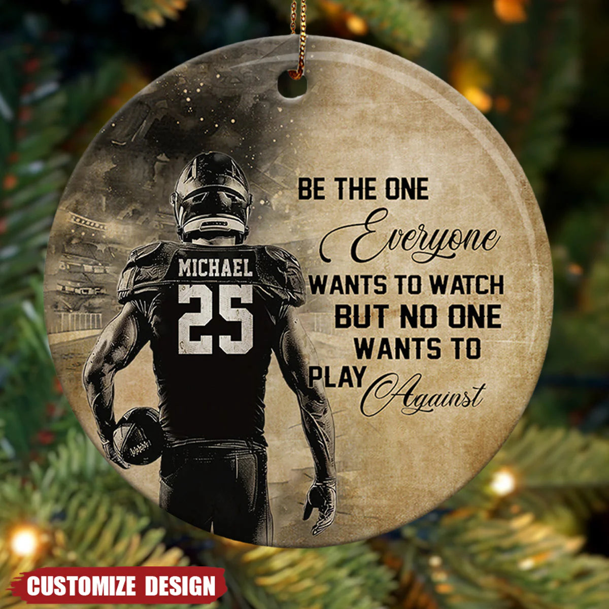 Personalized football ceramic ornament with custom player jersey and motivational sports quote