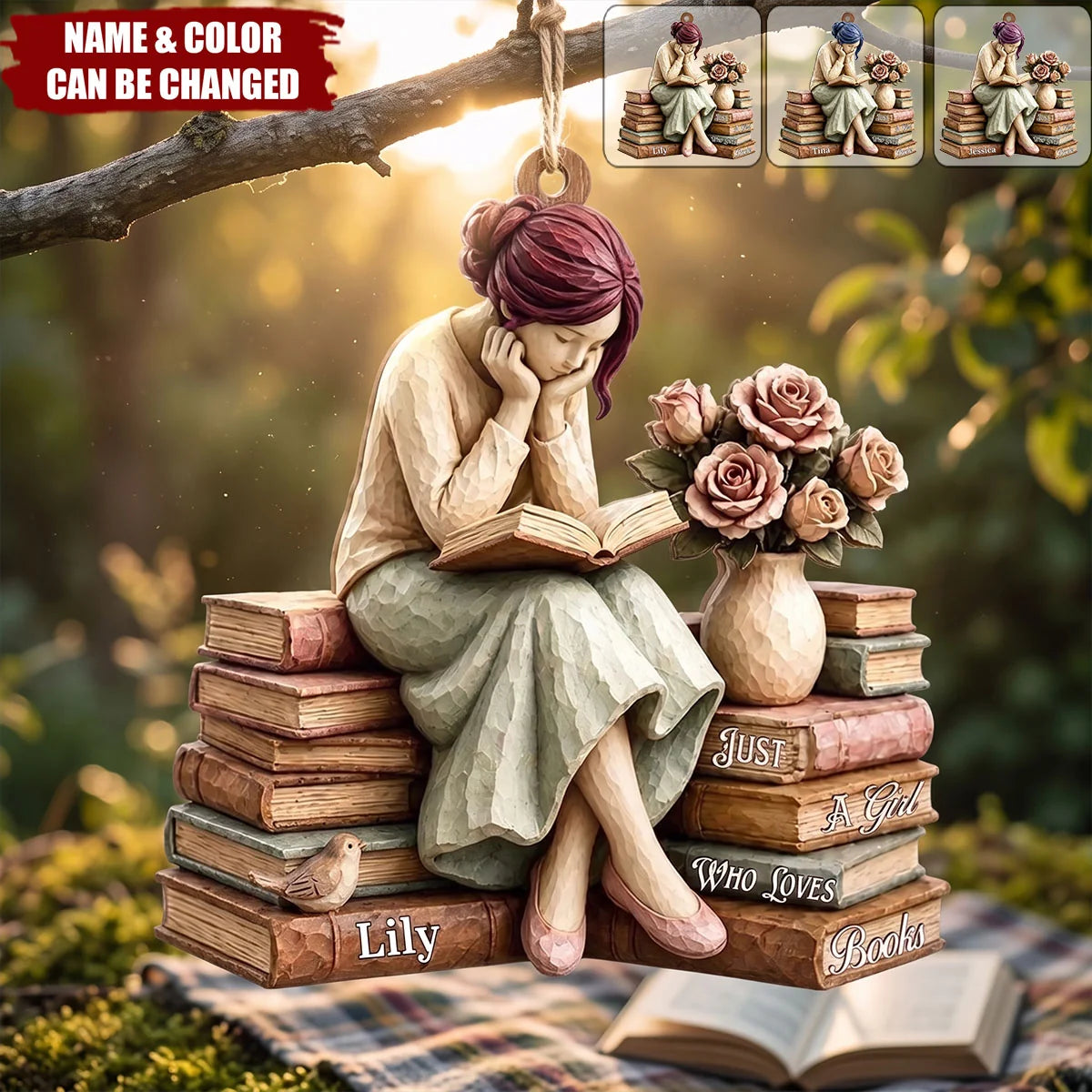 Personalized book lover wooden ornament reading girl illustration custom gift for readers