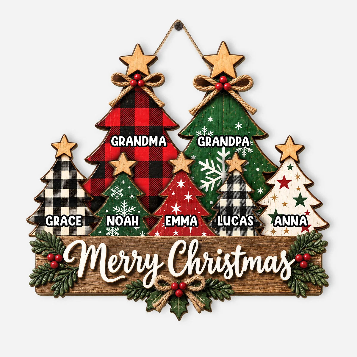 Merry Christmas Personalized Tree Wood Sign - Grandma Grandpa Custom Grandkids Gift