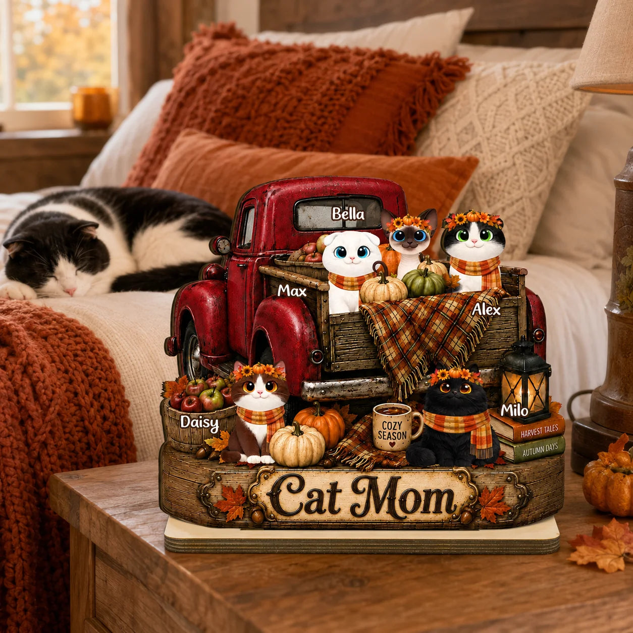 Vintage Fall Truck Personalized Cat Mom Wooden Plaque - Custom Autumn Harvest Pet Keepsake Gift