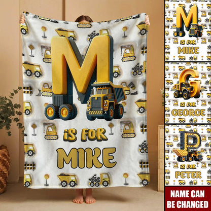 Personalized Construction Vehicle Letter Blanket - Custom Name Throw Gift for Kids