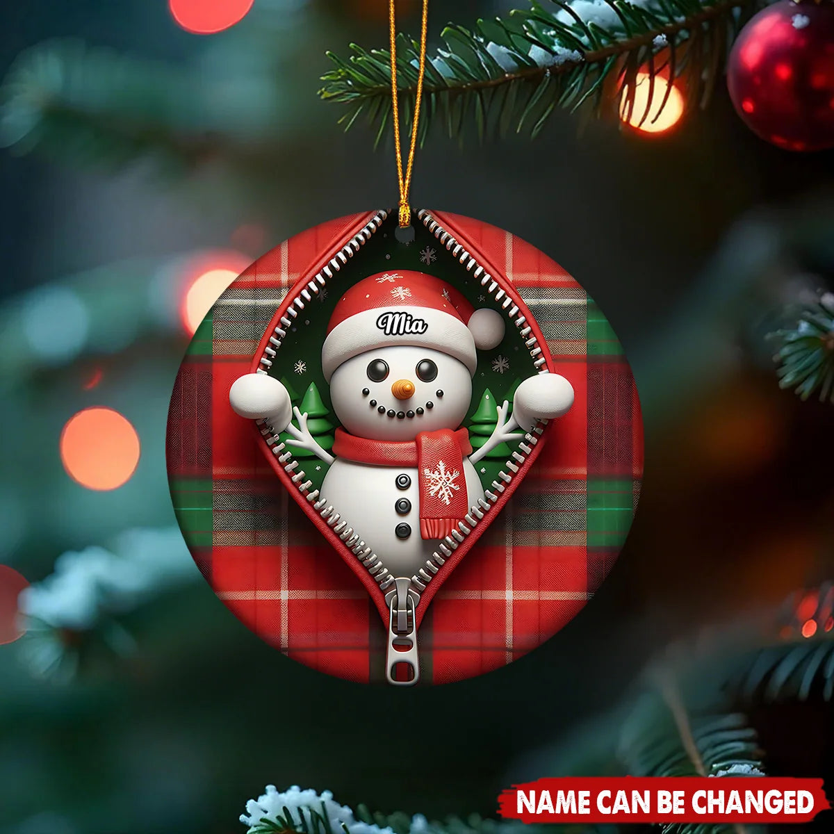 Funny Plaid Zipper Snowman Personalized Ceramic Ornament - Christmas Gift for Family