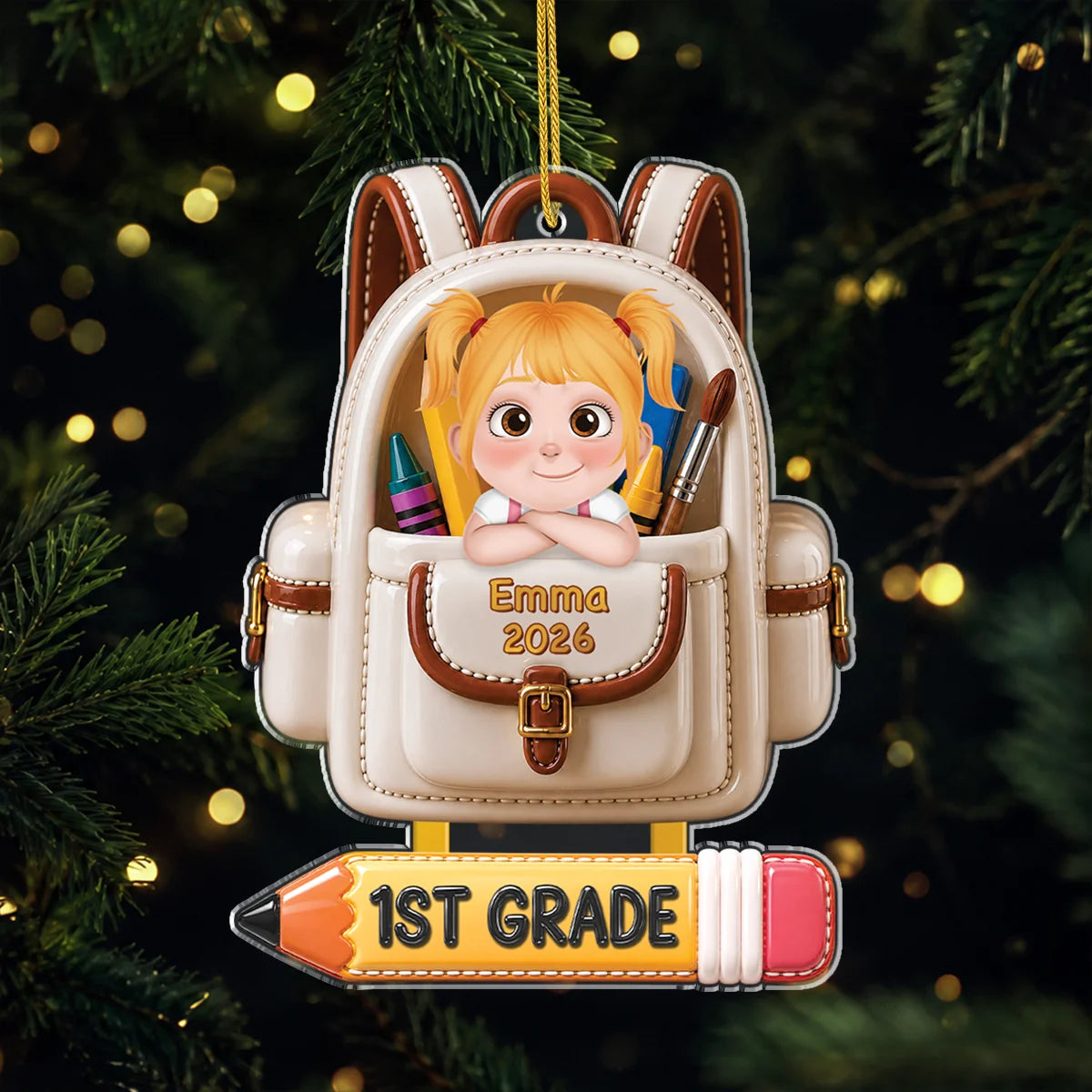 Personalized Back to School Backpack Acrylic Ornament - Custom Kids First Grade Keepsake