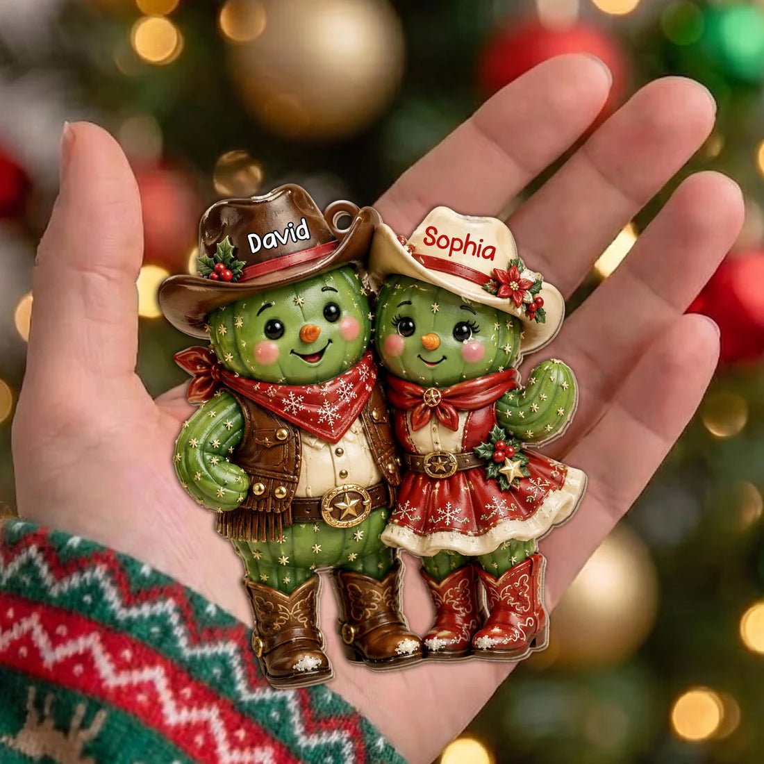 Custom Cactus Couple Wooden Ornament - Personalized Western Keepsake for Couples Christmas Tree