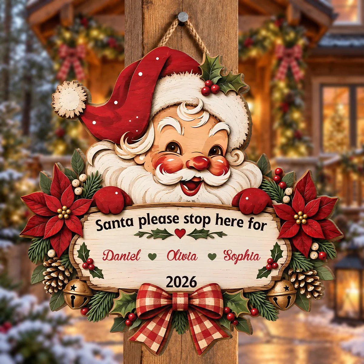 "Santa Please Stop Here For" Personalized Family Christmas Wood Sign - Custom Holiday Wall Decor