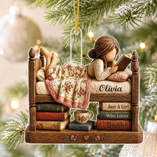 Personalized Book Lover Ornament for Daughter/Granddaughter with personalized design details for meaningful gifting