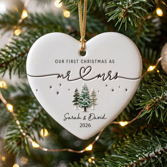 Our First Christmas As Mr. & Mrs. Personalized Ceramic Ornament - Custom Wedding Gift for Couples