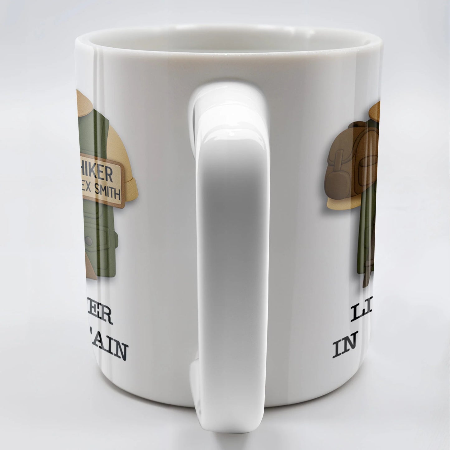 Personalized hiker coffee mug featuring a custom name tag, hiking vest design, and mountains for outdoor lovers image 8