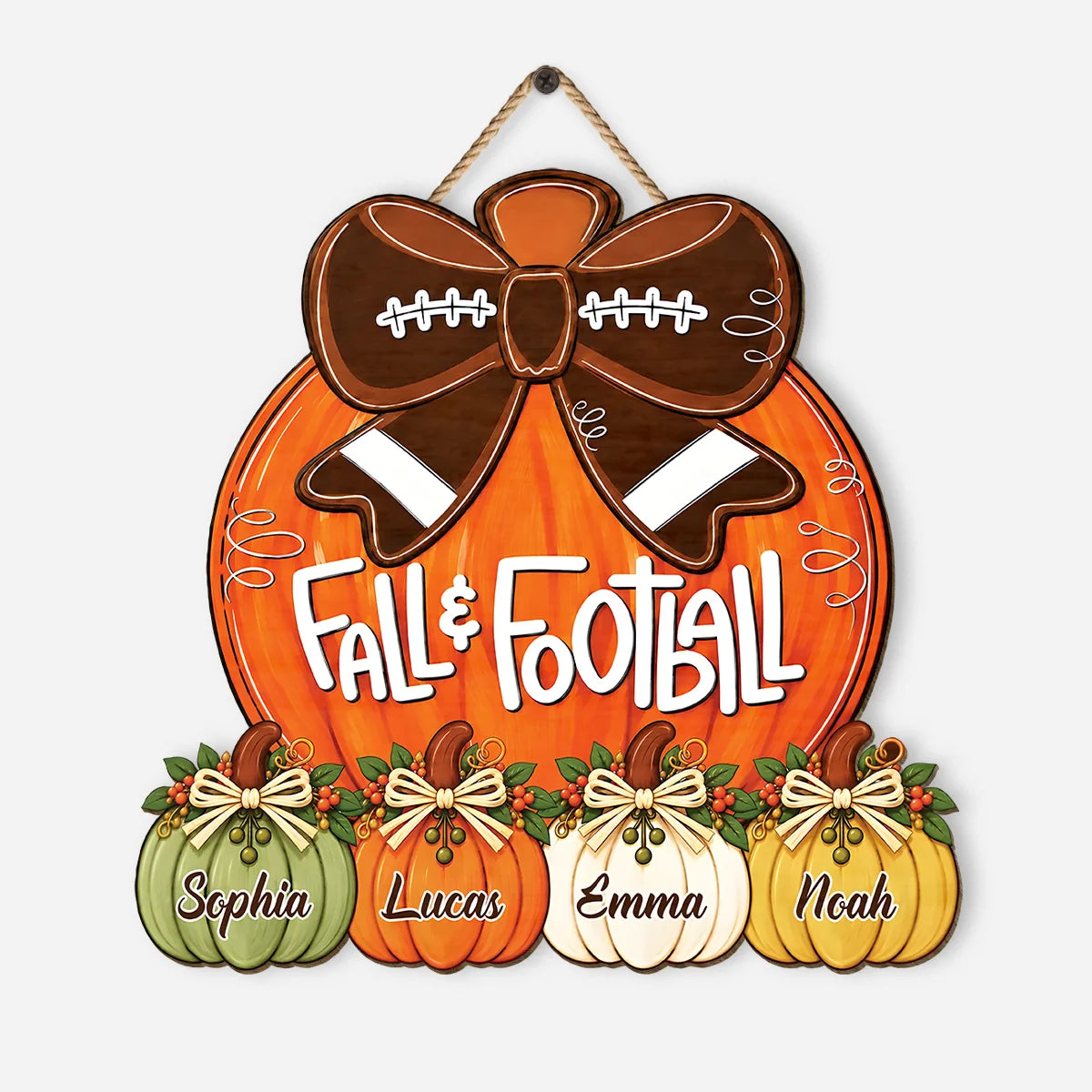 Fall & Football Personalized Wood Sign - Custom Pumpkin Door Hanger for Family Home Decor