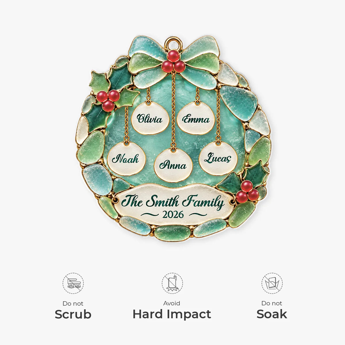 Personalized Christmas Holly Wreath Acrylic Ornament - Custom Family Name Holiday Gift