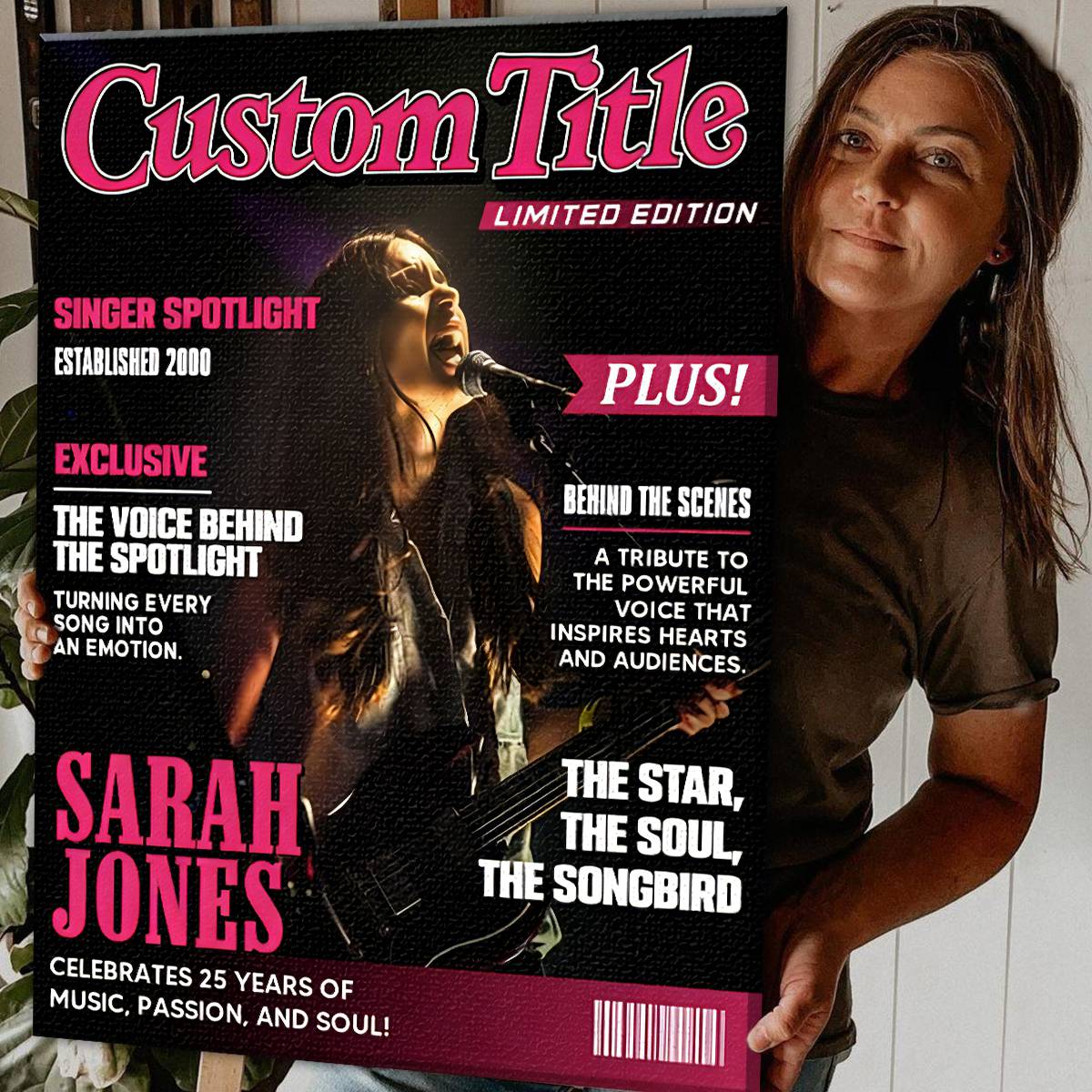 Personalized singer magazine cover poster canvas print on a living room wall featuring custom pop star layout style art image 7