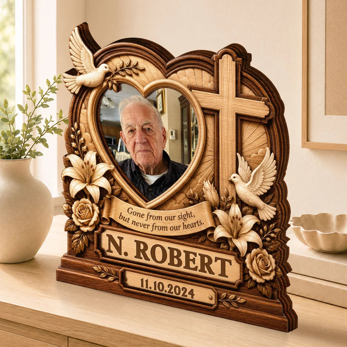 Gone From Our Sight Personalized Memorial Wooden Block - Custom Photo Cross Keepsake Gift for Bereaved Family