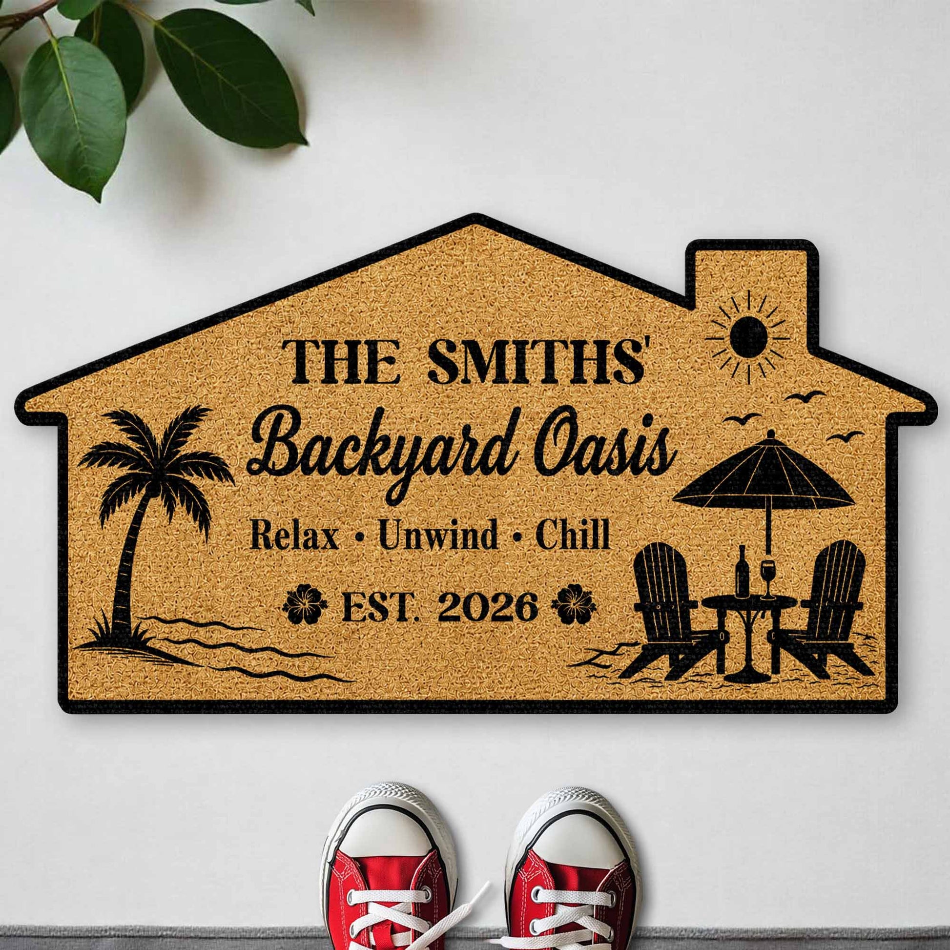 Custom shaped welcome mat featuring beach chairs and palm trees for front porch decor. image 6