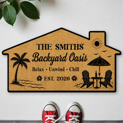 Custom shaped welcome mat featuring beach chairs and palm trees for front porch decor. image 6