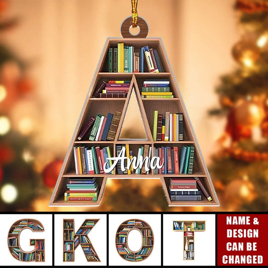 Custom Bookshelf Letter Wooden Ornament - Personalized Christmas Gift for Book Lovers