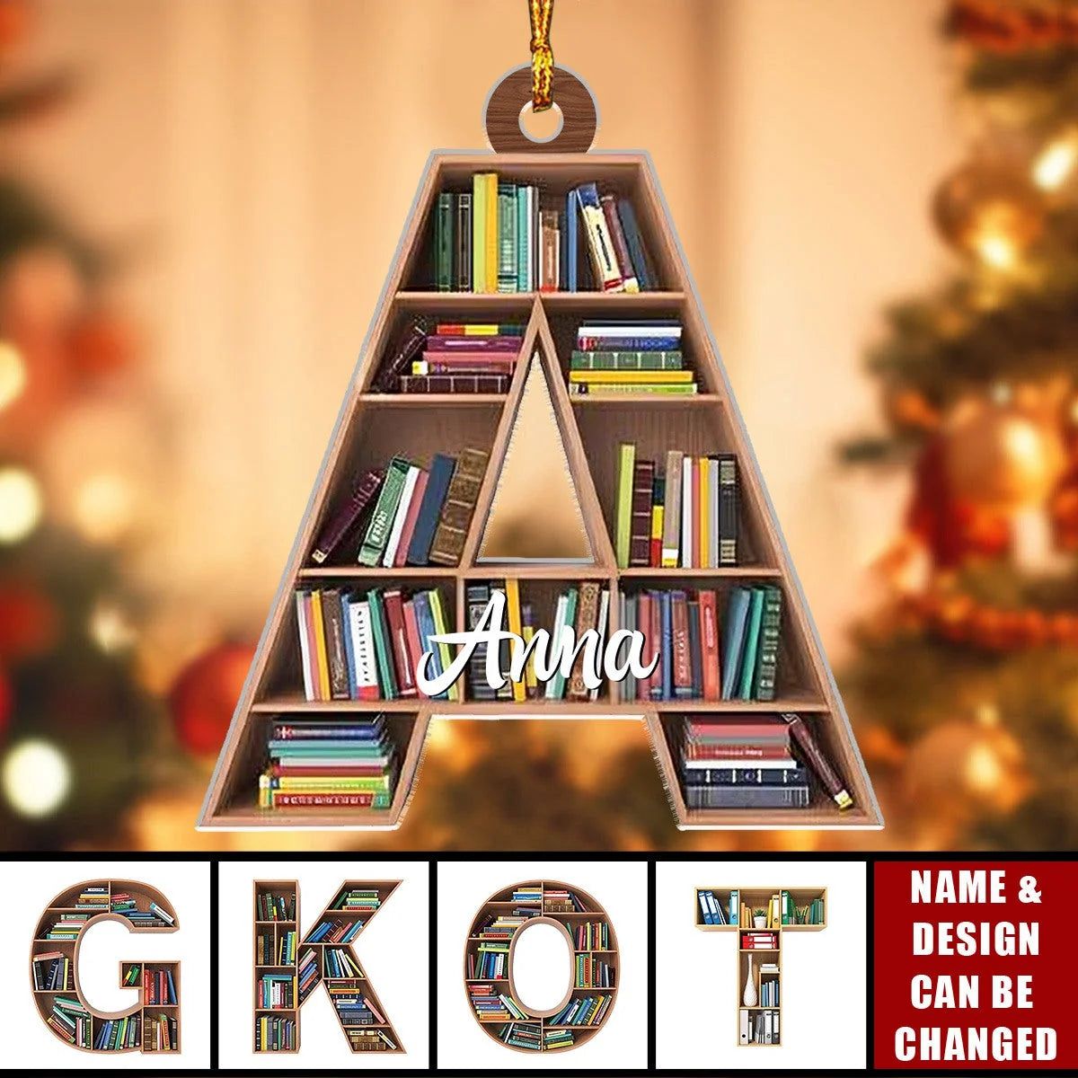 Custom Bookshelf Letter Wooden Ornament - Personalized Christmas Gift for Book Lovers