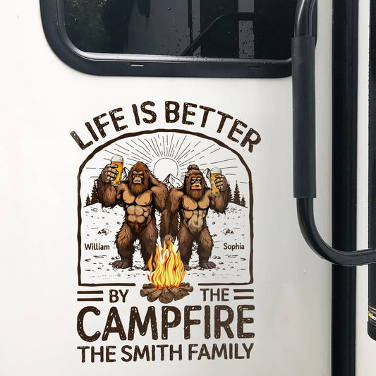 Life Is Better By The Campfire Bigfoot Couple - Personalized RV Decal Sticker Gift
