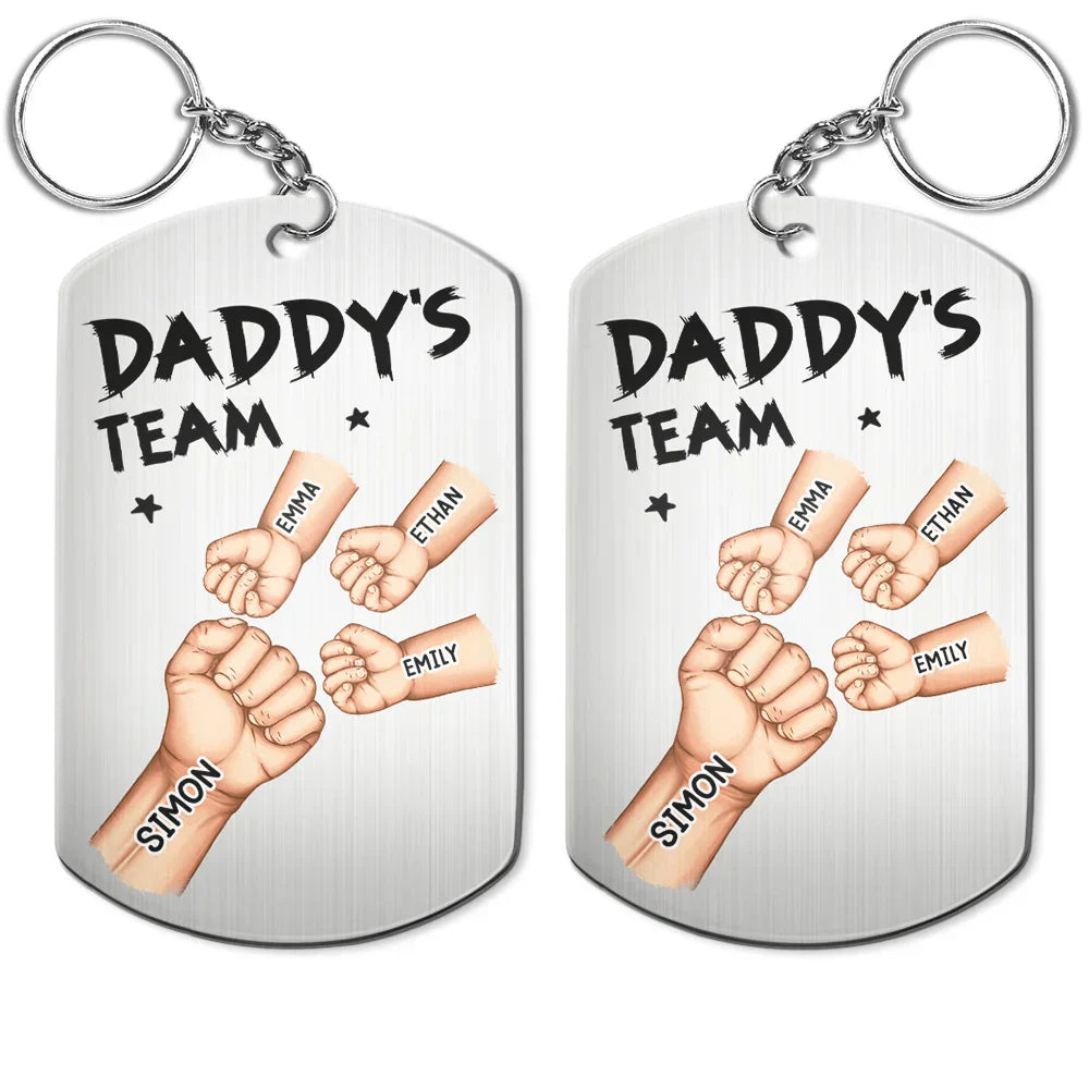 Personalized dad keychain with kids names and fist bump design for Father's Day