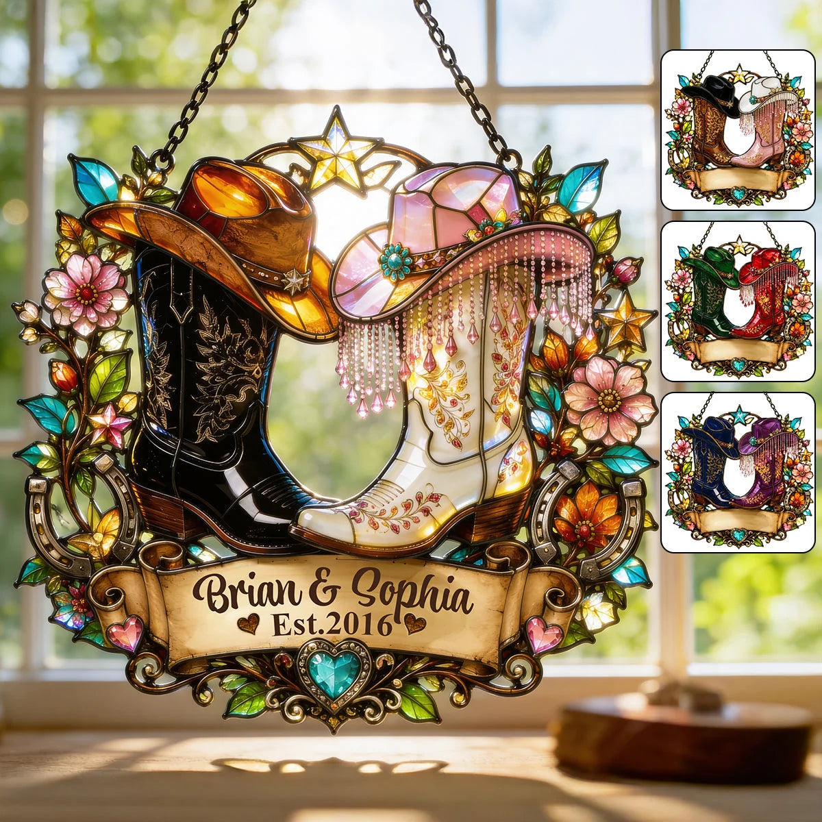 Custom Western Cowboy Boots Suncatcher Ornament - Personalized Country Couple Anniversary Gift