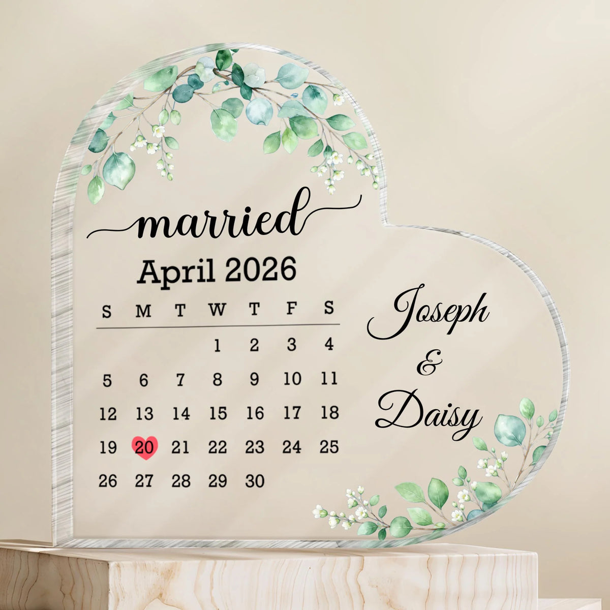 "Married" Custom Calendar Heart Acrylic Plaque for Couples - Personalized Wedding Gift