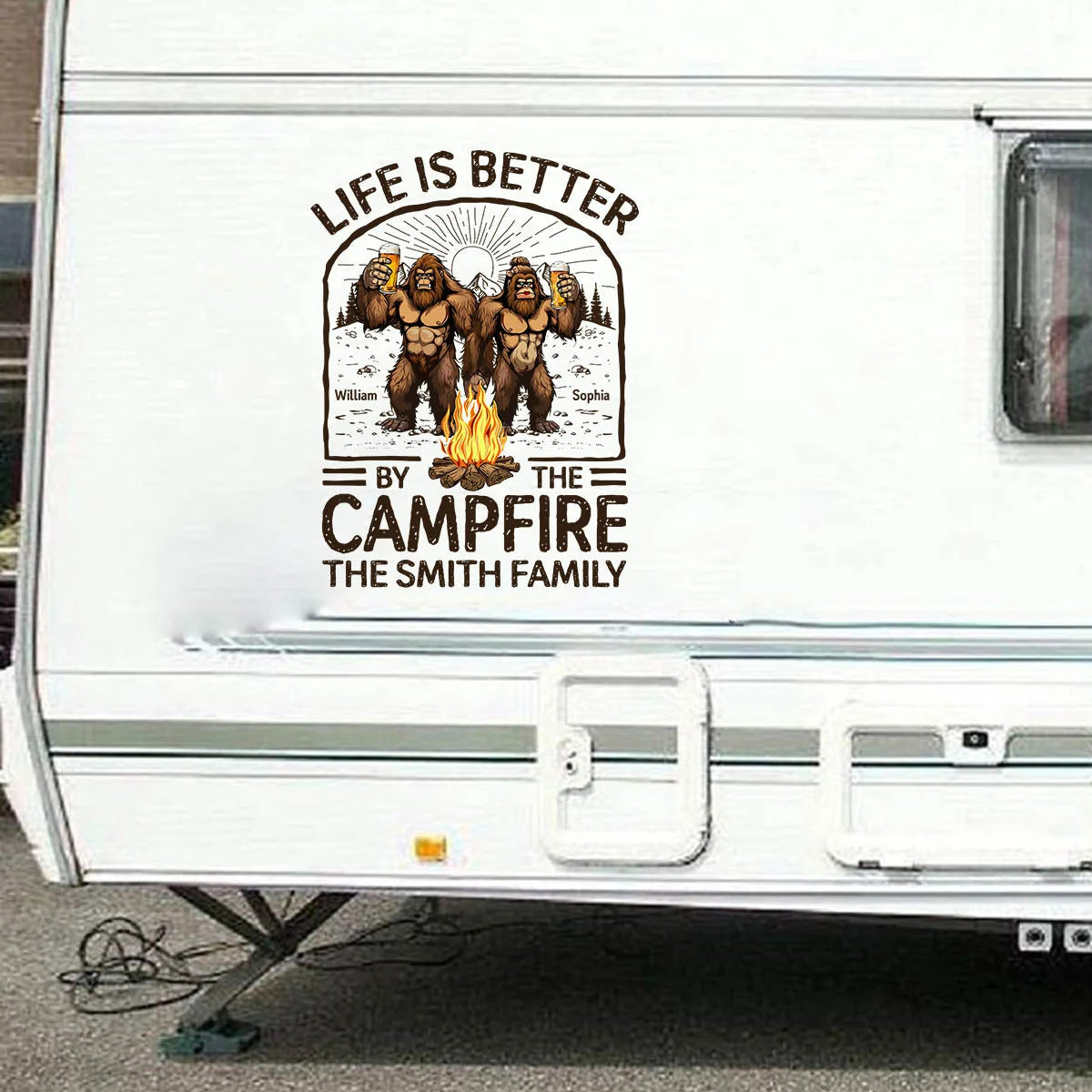 Life Is Better By The Campfire Bigfoot Couple - Personalized RV Decal Sticker Gift