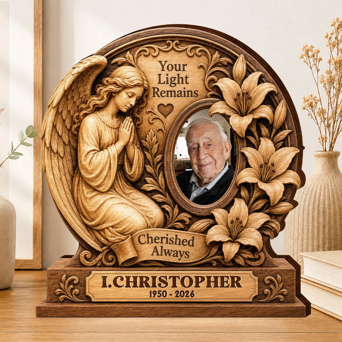 "Your Light Remains Cherished Always" Personalized Memorial Wooden Block - Custom Photo Bereavement Gift for Family