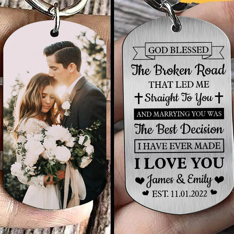 Custom God Blessed The Broken Road Keychain for Couples with personalized design details for meaningful gifting