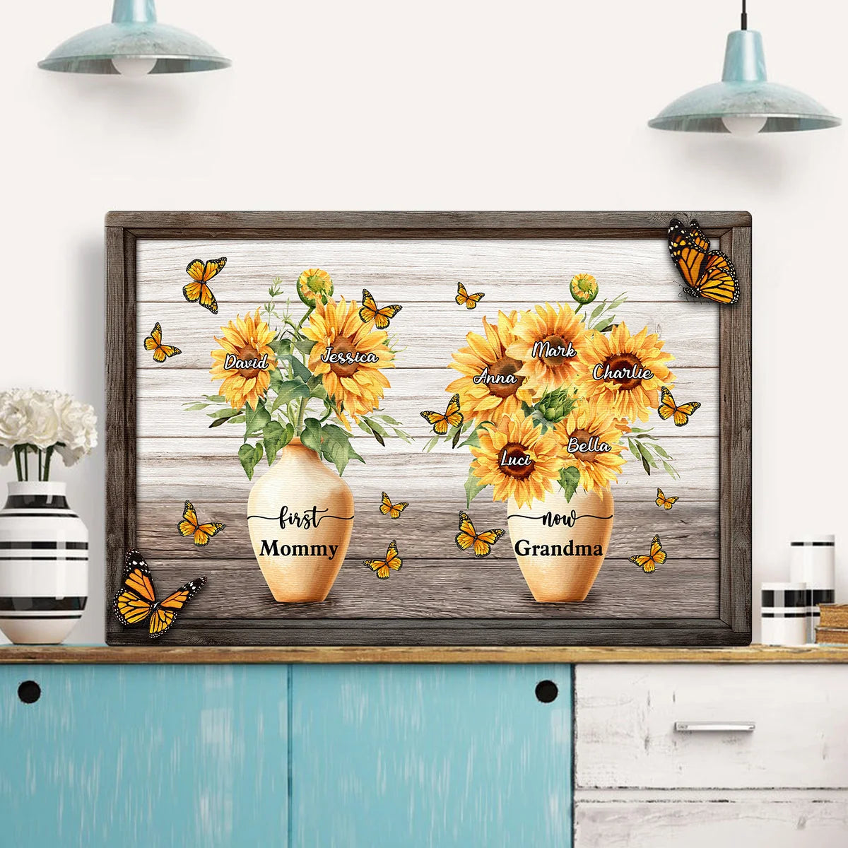 "First Mom Now Grandma" Sunflower Pot Personalized Canvas / Poster - Custom Wall Art Gift for Mom & Grandma