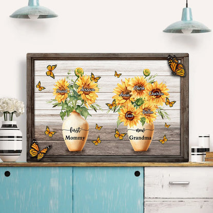 "First Mom Now Grandma" Sunflower Pot Personalized Canvas / Poster - Custom Wall Art Gift for Mom & Grandma