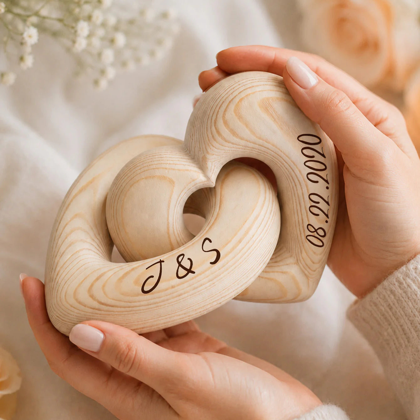 Personalized wooden heart sculpture engraved with custom initials and anniversary date - romantic gift for couples image 7