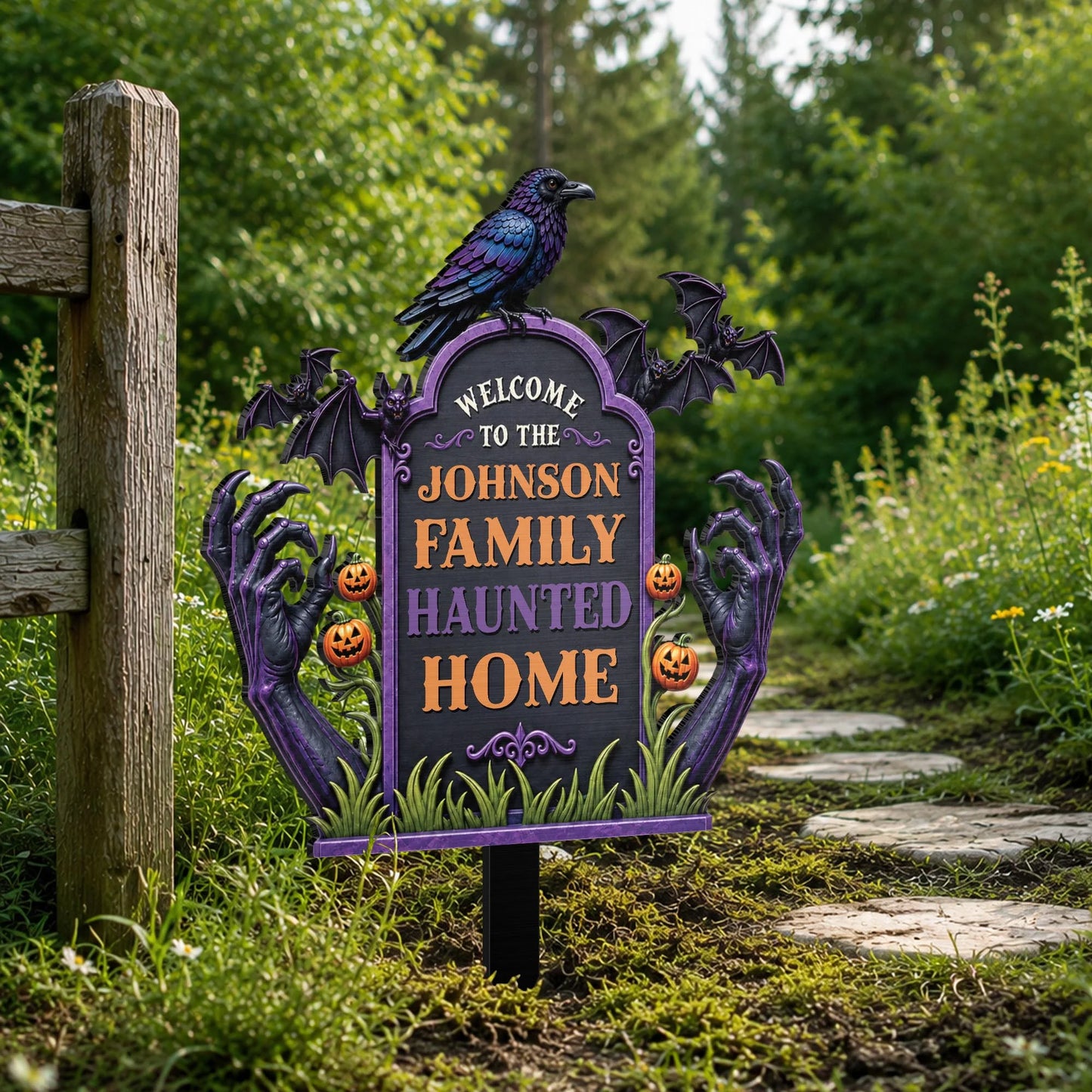 Welcome To Our Haunted Home - Personalized Halloween Metal Garden Stake Sign for Family Yard Decor