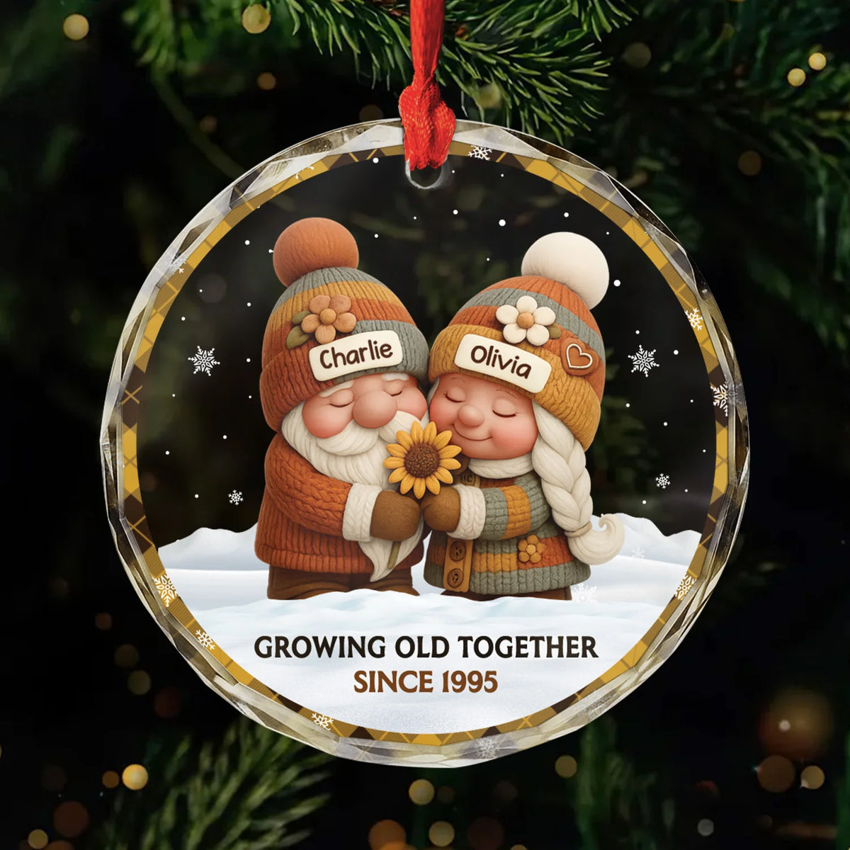 Growing Old Together Personalized Gnome Couple Glass Ornament - Christmas Keepsake for Couples