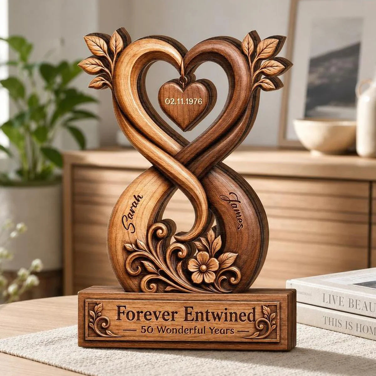 Forever Entwined Infinity Heart Personalized Wooden Block - Anniversary Keepsake for Couples