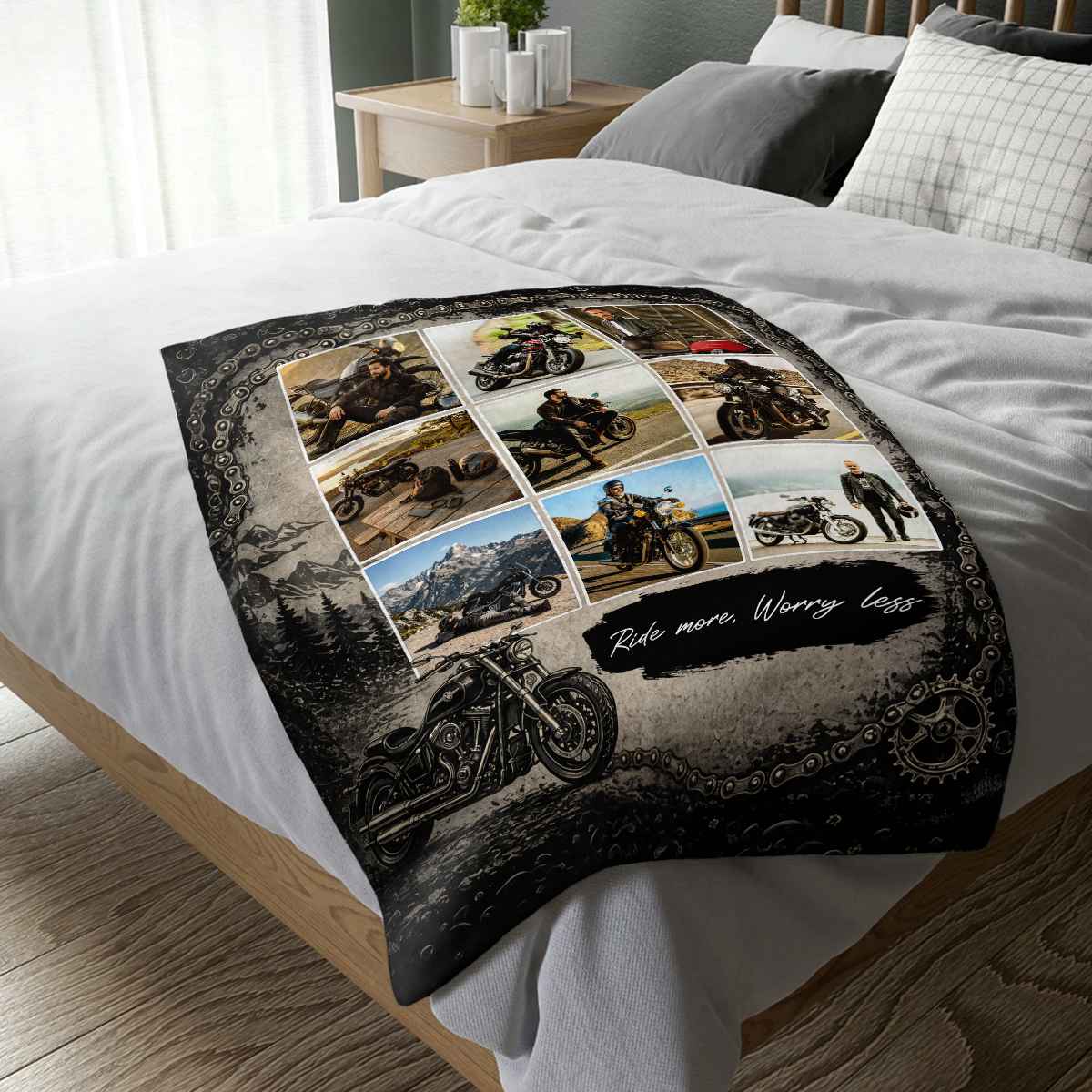 "Ride More Worry Less" Personalized Motorcycle Photo Collage Blanket - Custom Biker Gift for Riders
