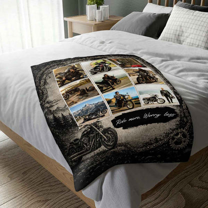 "Ride More Worry Less" Personalized Motorcycle Photo Collage Blanket - Custom Biker Gift for Riders