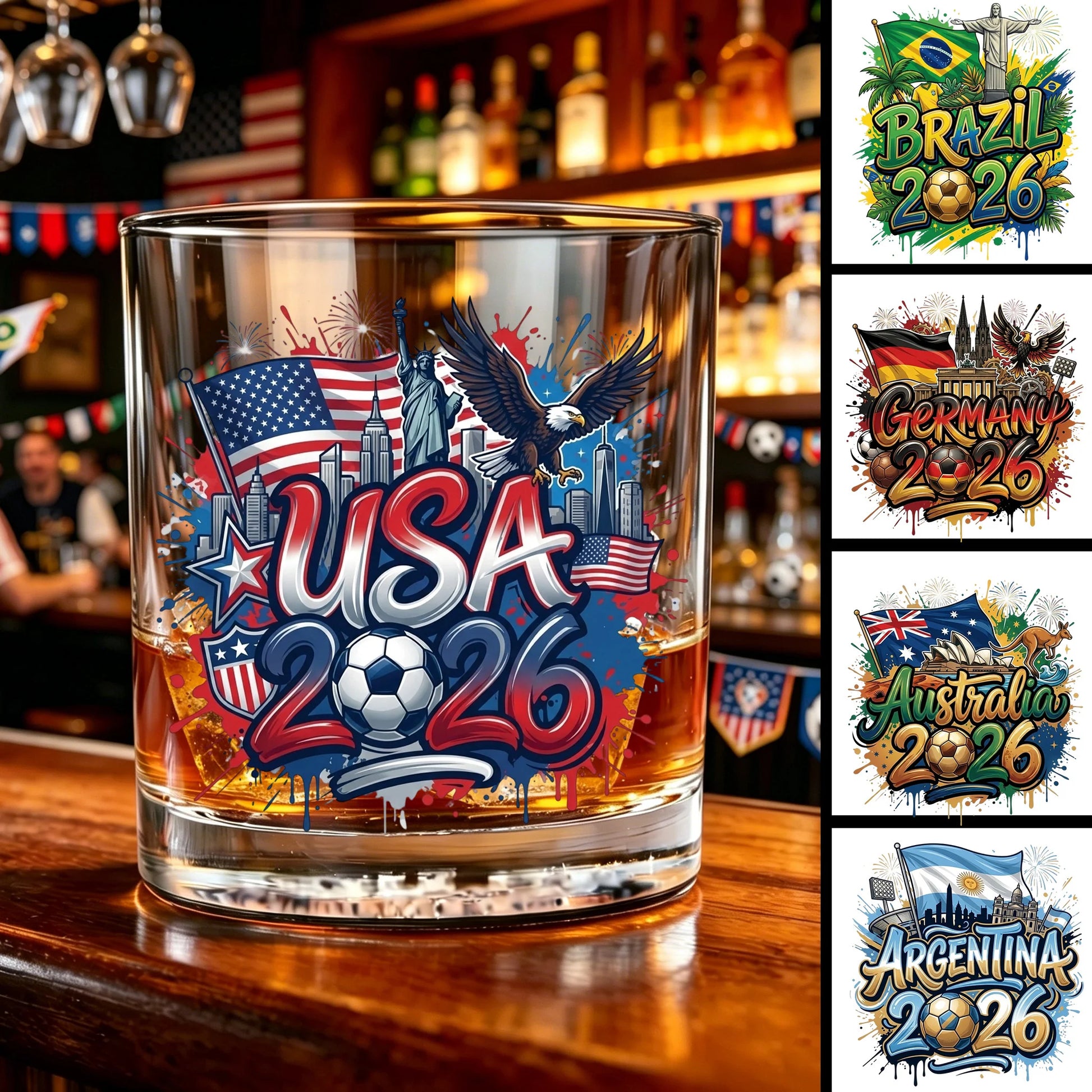Personalized soccer whiskey glass with custom USA 2026 national team print for football fans