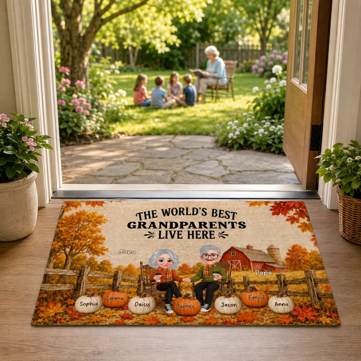 "The World's Best Grandparents Live Here" - Personalized Doormat for Grandma & Grandpa Fall Decor