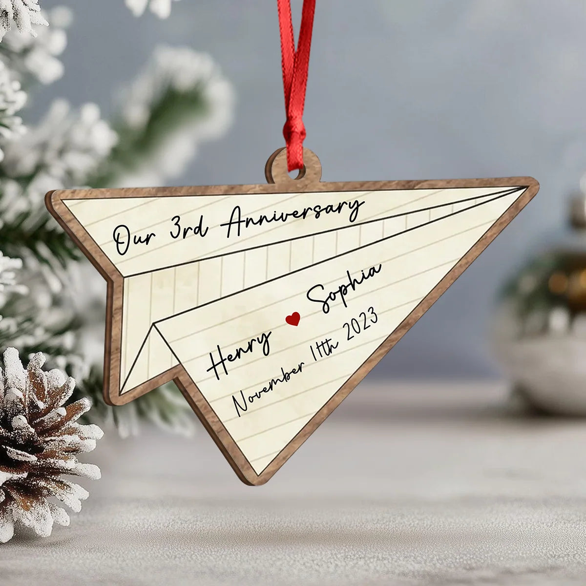 "Our Anniversary" Personalized Paper Airplane Wooden Ornament - Custom Couples Gift