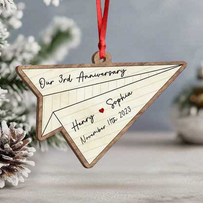 "Our Anniversary" Personalized Paper Airplane Wooden Ornament - Custom Couples Gift