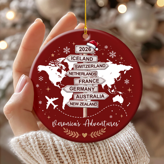 Personalized Travel Ceramic Ornament - Custom Trip Map Keepsake Gift for Travelers
